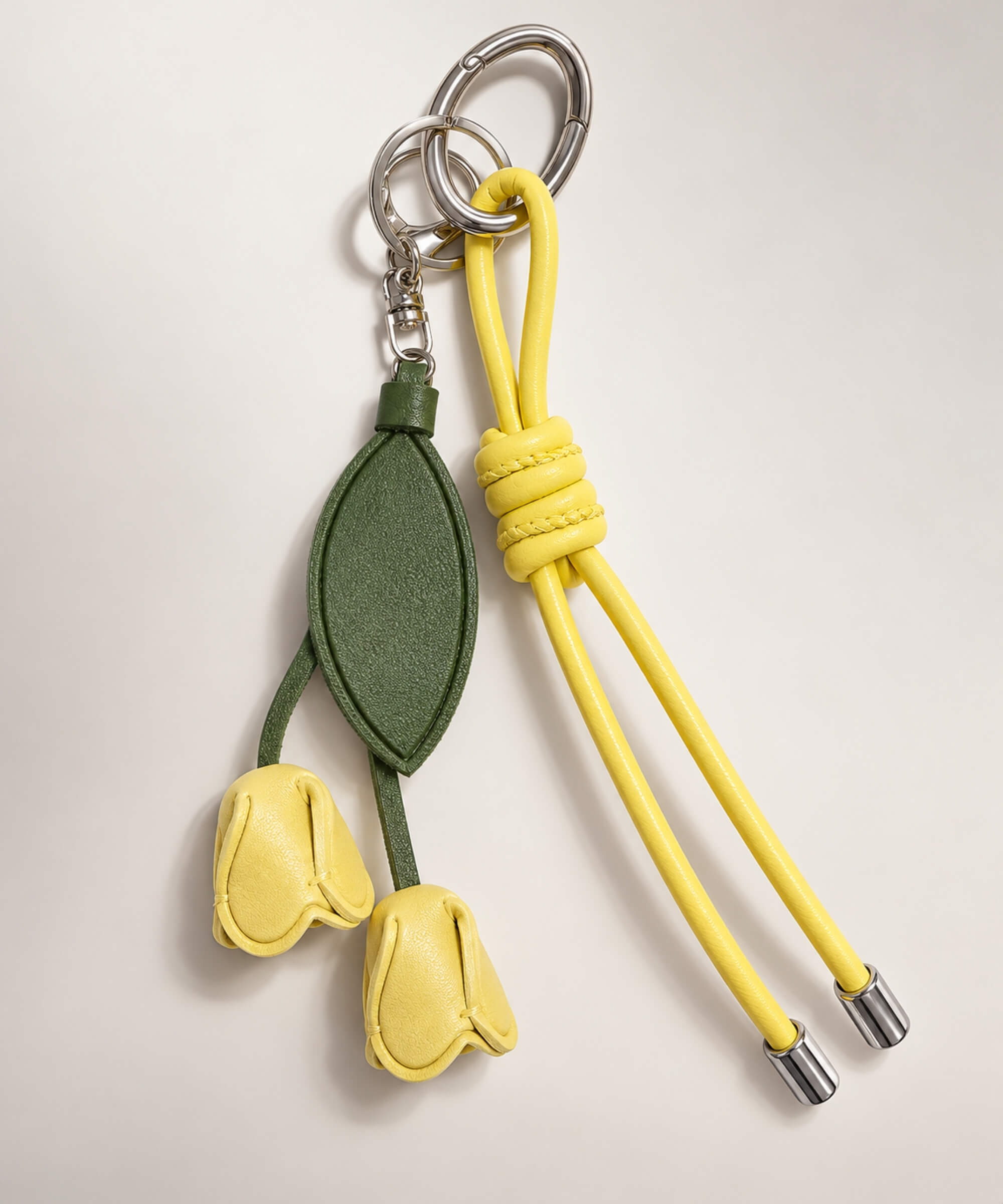Yellow rose PU leather bag charm keychain with double flower buds